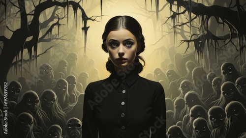 A striking human face framed by a sleek black dress captures the essence of winter fashion in this powerful portrait