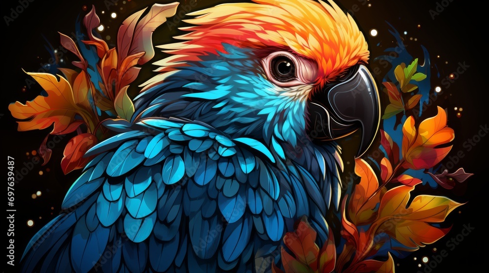 Obraz premium A whimsical macaw flaunts its vibrant plumage, showcasing a harmonious blend of orange and blue hues, captivating all with its lively charm and artistic design