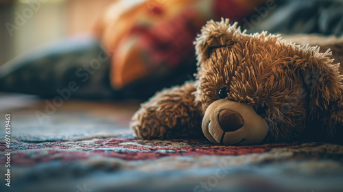 Teddy bear resting on a carpet.