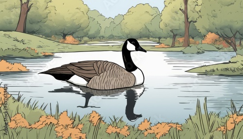 A cartoon duck swimming in a pond