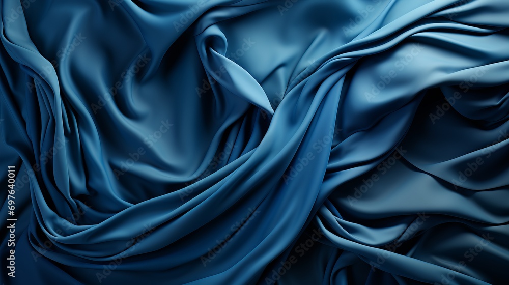 Obraz premium A serene ocean of blue fabric cascades over a smooth surface, evoking a sense of tranquility and the effortless elegance of fine clothing