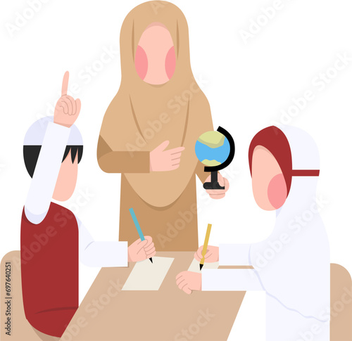 Indonesian Elementary Hijab Teacher And Student