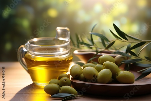  olive oil bowl and olive branch with fresh green olives on the wooden table