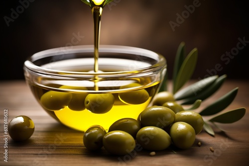  olive oil bowl and olive branch with fresh green olives on the wooden table