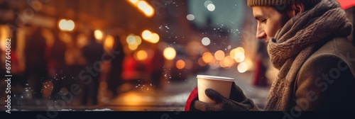 Man holding a cup of mulled wine with blurred background of winter wonderland, a Christmas Market in European small city. photo