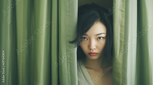 Asian girl peeking through green curtains photo