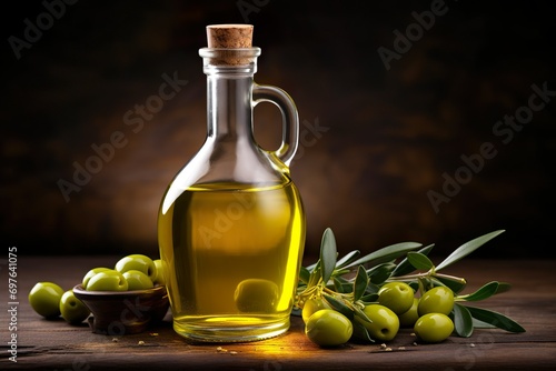 olive oil glass bottle and olive branch with fresh green olives on the wooden table