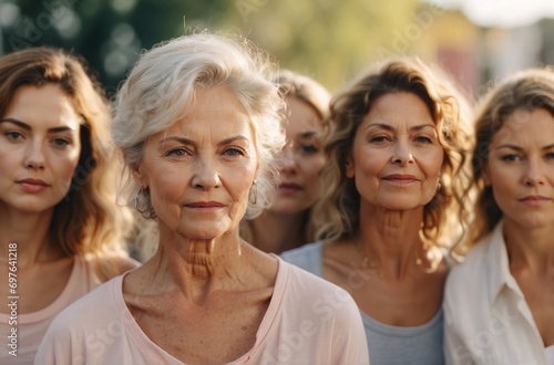 Group of women different ages without makeup on urban background. Pastel colors. Concept of female friendship  family relationships  International Women s Day celebration. AI generated