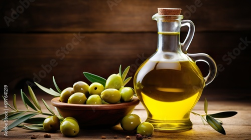 olive oil glass bottle and olive branch with fresh green olives on the wooden table