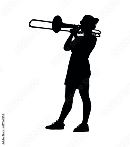 Female musician playing trombone vector silhouette.