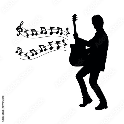 Male guitarist playing acoustic guitar with musical notes vector silhouette.