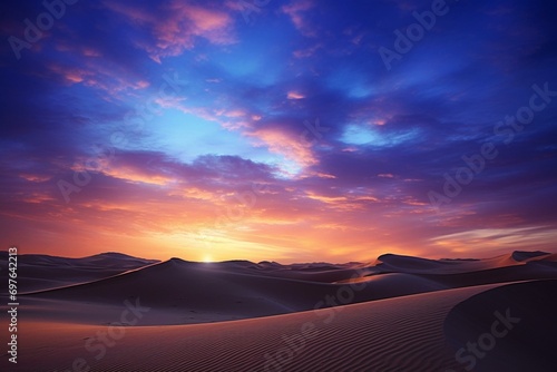 A breathtaking desert scene with sandy dunes under a sky filled with celestial stars. Generative AI