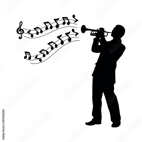 Man playing trumpet with musical notes vector black silhouette.