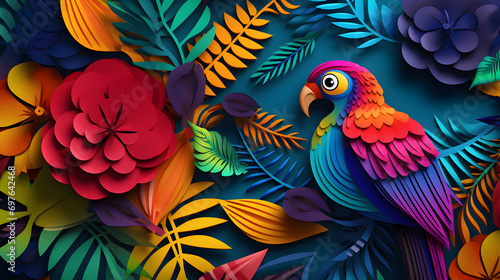 parrot on a branch, colorful paper, red flower, forest of parrot
