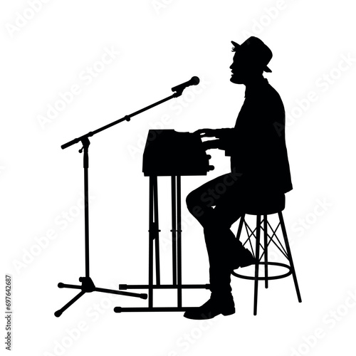 Man playing keyboard side view full length portrait vector black silhouette.	
