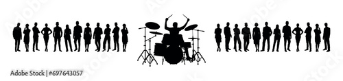 Street musicians playing drum performing in front of group of people vector black silhouettes.