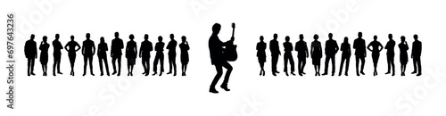 Street musician playing guitar performing in front of large group of people audience vector silhouettes.