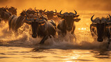 A dynamic scene of a herd of wildebeests galloping through water, highlighted by the warm, golden light of the sun
