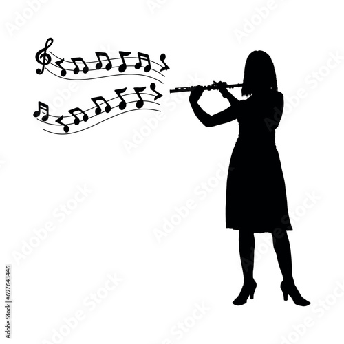 Woman musician playing flute with musical notes symbol vector black silhouette.