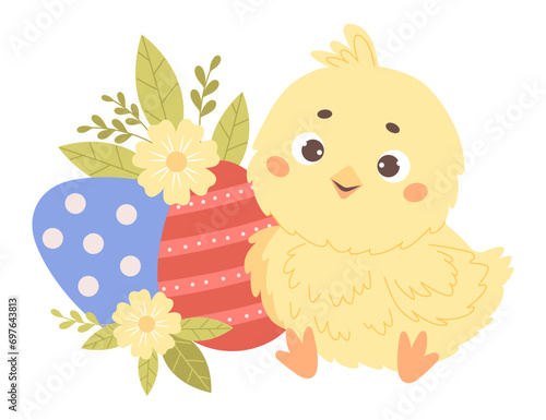 Cute little chick with Easter eggs. Vector illustration. Kids holiday collection.