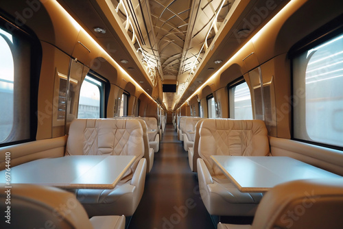 Modern Luxury Train Interior: Stylish Couch, Chairs, and Tables, Perfect for Elegant Travel Concepts, VIP Commutes, or Exclusive Train Services with Copy Space © Silga
