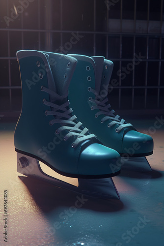 ice skates lying on the floor, animated style created with Generative Ai
