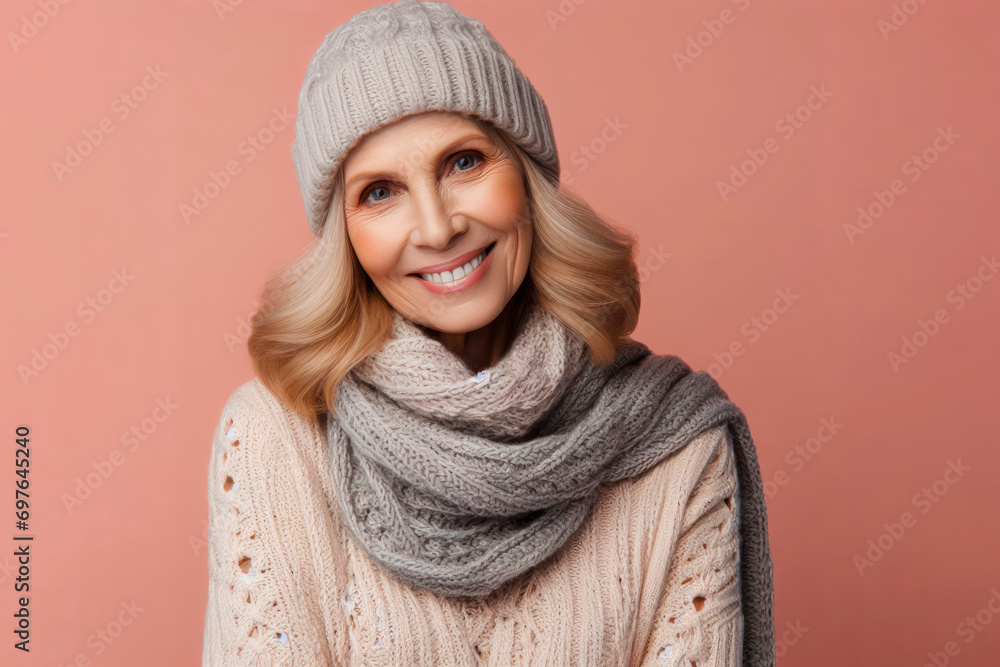 smiling elderly woman in a knitted scarf and hat on solid color background. ai generative smiling elderly woman in a knitted scarf and hat on solid color background. ai generative