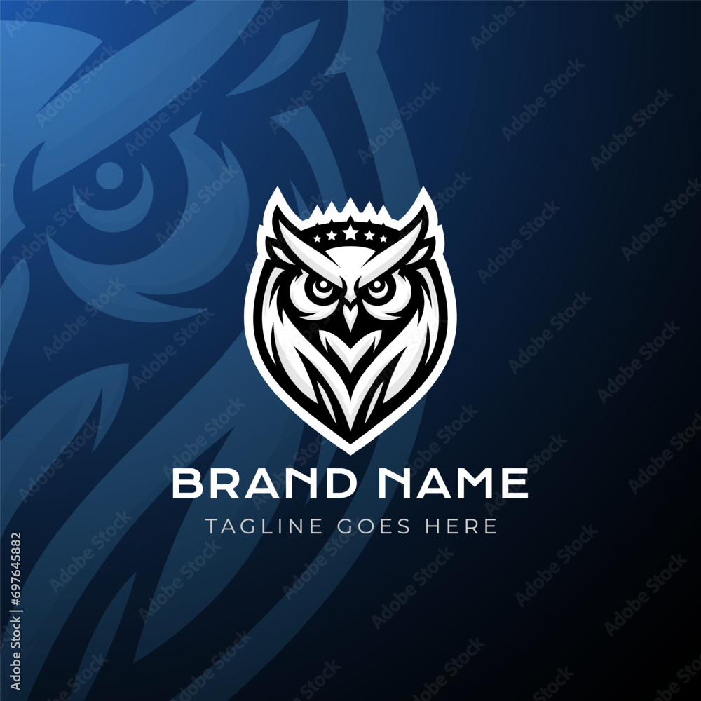 Owl logo vector illustration. Emblem logo mascot on blue gradient background.