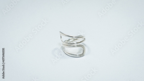Vintage silver ring in Karen style, Handmade tribal silver jewelry on white background