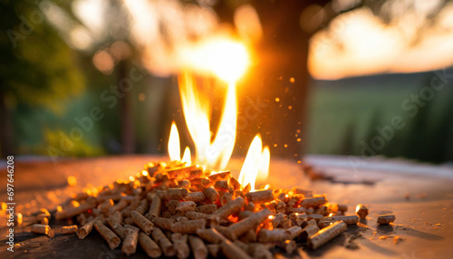 Fiery Biomass: Wood Pellets Igniting in a Pile. Generative AI