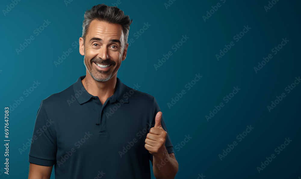 A handsome mature man confidently smiling and giving a thumbs up to the camera, solid color background, banner with copy space A handsome mature man confidently smiling and giving a thumbs up to the camera, solid color background, banner with copy space