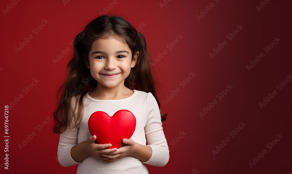 A smiling little girl holding a red heart, with copy space, banner. Conceptual image for sponsorship A smiling little girl holding a red heart, with copy space, banner. Conceptual image for sponsorship