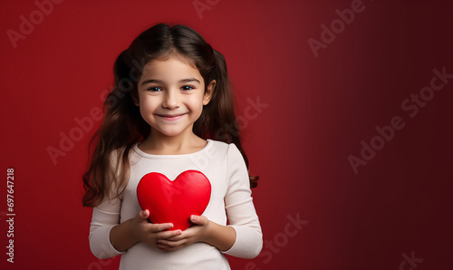 A smiling little girl holding a red heart, with copy space, banner. Conceptual image for sponsorship photo