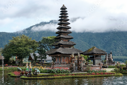 Ulun Danu Beratan temple on cloudy day. Candikuning, Bali, Indonesia.