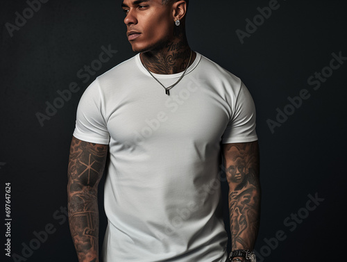 Mockup of a black male with tattoos wearing a white t-shirt