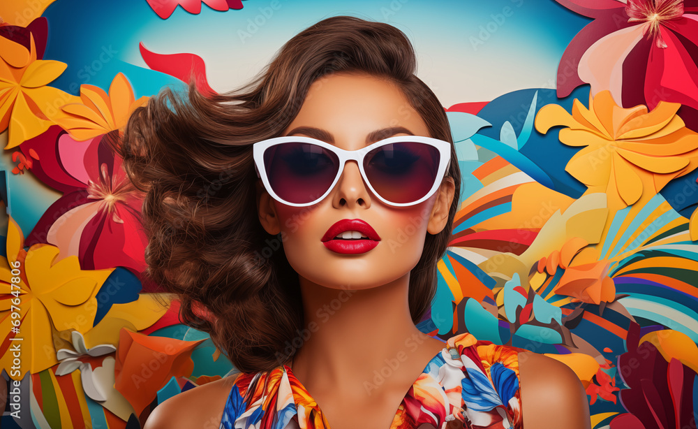 Sun-Kissed Glam: A Pop Art Beach Adventure with Abstract Sunglasses. Retro Style. 