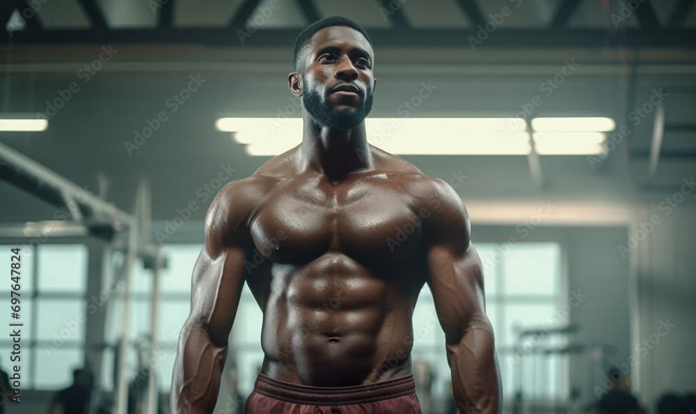 Fototapeta premium Fitness concept illustration featuring a muscular African American male bodybuilder
