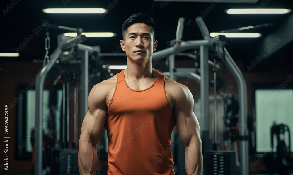 Asian male bodybuilder, muscular, robust, and well-defined physique Asian male bodybuilder, muscular, robust, and well-defined physique
