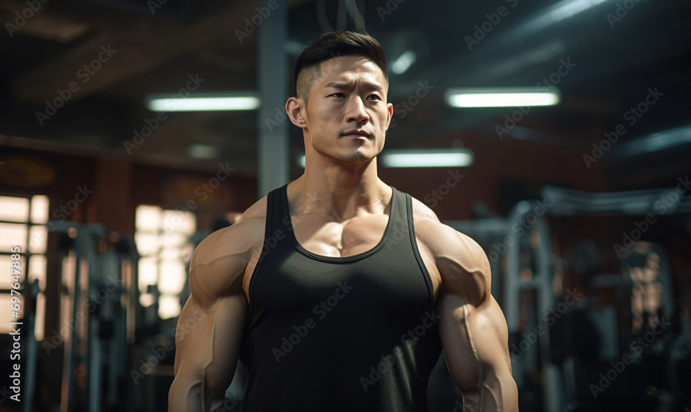 Obraz premium Asian male bodybuilder, muscular, robust, and well-defined physique