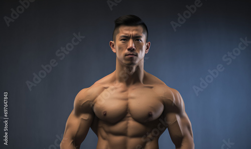 Asian male bodybuilder, muscular, robust, and well-defined physique