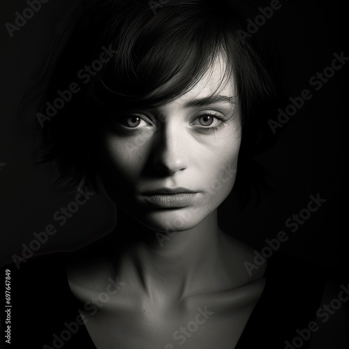 studio portrait of a young woman in black and white with high contrast and shadows