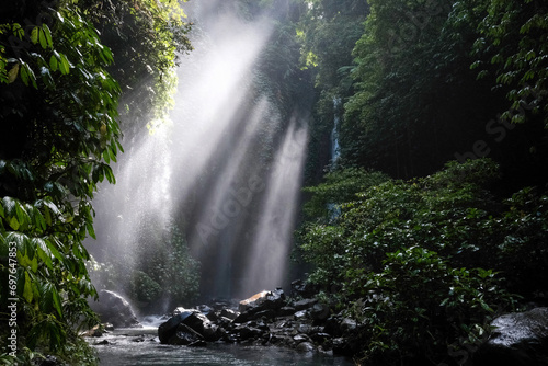 Sun beams in a reain forest in a creek leading to Hidden waterfall Sekumpul. Bali, Indonesia. photo