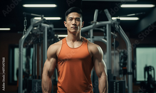 Asian male bodybuilder, muscular, robust, and well-defined physique