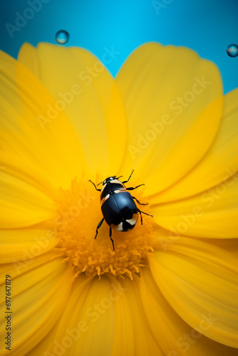 a ladybug close to yellow flower in a colorful background in an odd pattern, in the style of dark yellow and light aquamarine created with Generative Ai