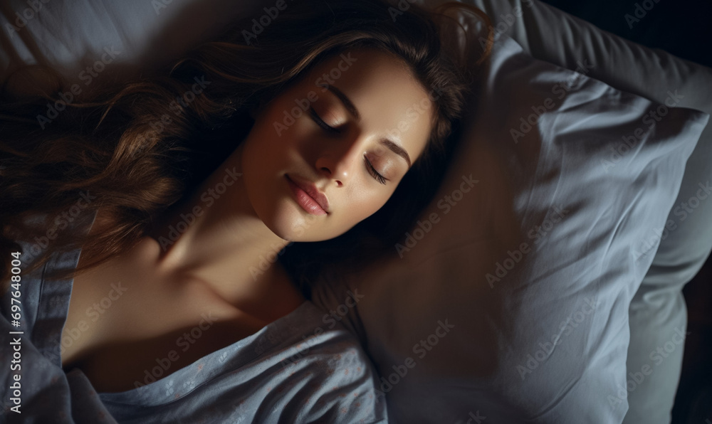 Overhead shot of a woman sleeping comfortably, bed advertisement material, promoting restful sleep Overhead shot of a woman sleeping comfortably, bed advertisement material, promoting restful sleep