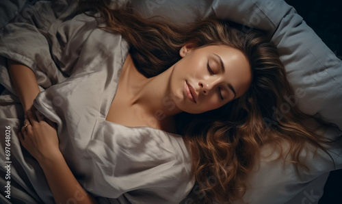 Overhead shot of a woman sleeping comfortably, bed advertisement material, promoting restful sleep © JQM