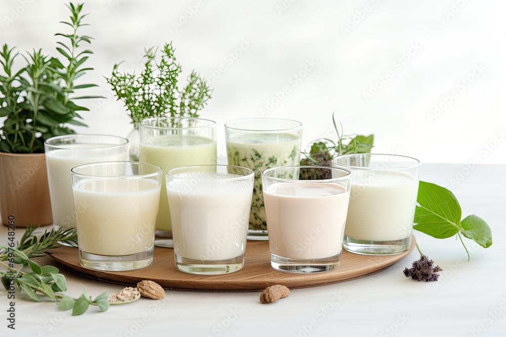 Set of various vegan milk almond, soy, rice, coconut, quinoa, brazil nut, cashew, oat. Dairy free, plant based drink, AI Generated Set of various vegan milk almond, soy, rice, coconut, quinoa, brazil nut, cashew, oat. Dairy free, plant based drink, AI Generated