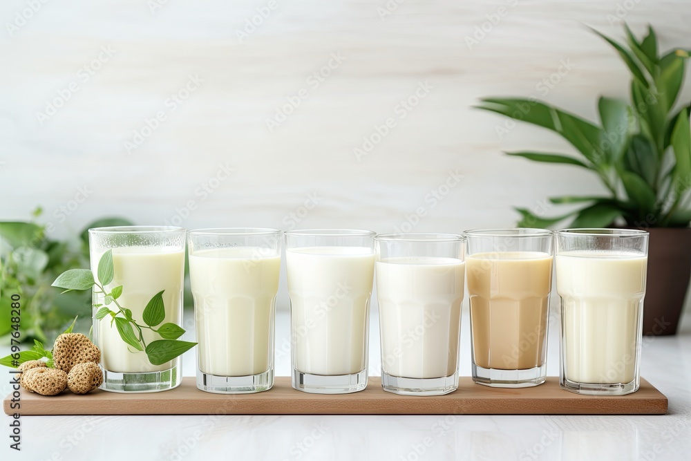 Set of various vegan milk almond, soy, rice, coconut, quinoa, brazil nut, cashew, oat. Dairy free, plant based drink, AI Generated Set of various vegan milk almond, soy, rice, coconut, quinoa, brazil nut, cashew, oat. Dairy free, plant based drink, AI Generated