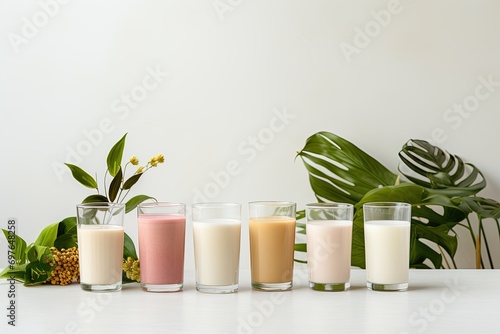 Set of various vegan milk almond, soy, rice, coconut, quinoa, brazil nut, cashew, oat. Dairy free, plant based drink, AI Generated