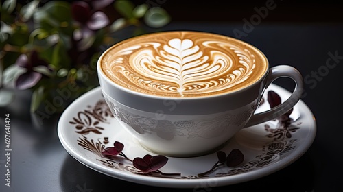 Hot latte or cappuccino coffee with art or pattern in a beautiful ceramic cup and saucer, highlighted on a white background, generative AI